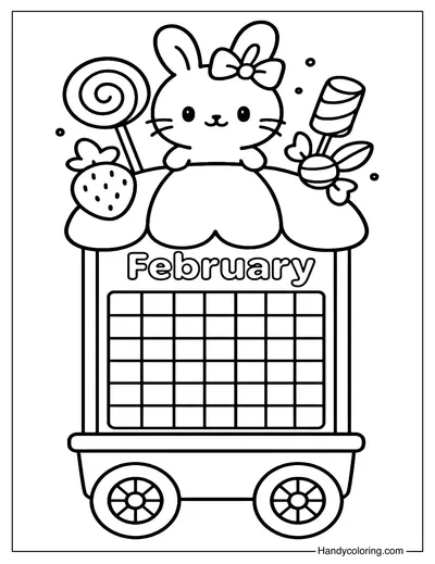 Bunny and Candy Car Calendar February Coloring Page