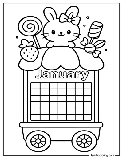 Bunny and Candy Car Calendar January Coloring Page