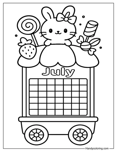 Bunny and Candy Car Calendar July Coloring Page