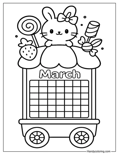 Bunny and Candy Car Calendar March Coloring Page