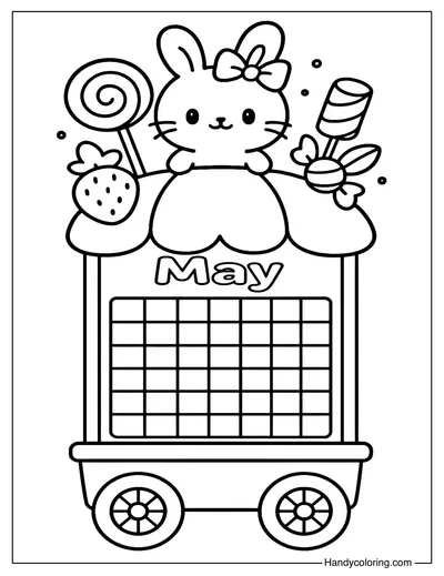 Bunny and Candy Car Calendar May Coloring Page
