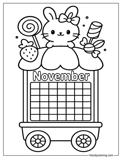 Bunny and Candy Car Calendar November Coloring Page