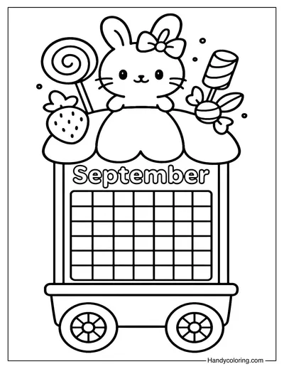 Bunny and Candy Car Calendar September Coloring Page