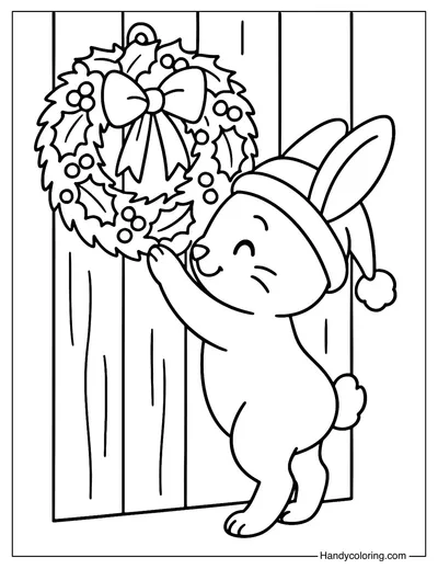 Bunny Decorating Wreath Christmas Coloring Page