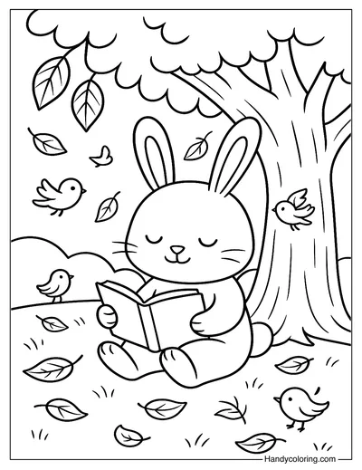 Bunny Reading Under a Tree Coloring Page