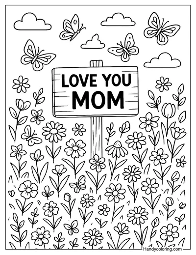 Butterflies and Flowers for Mom Coloring Page