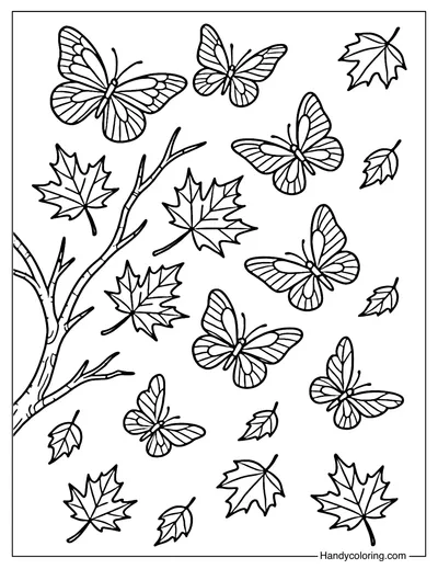 Butterflies with Leaves Coloring Page