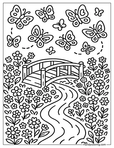 Butterfly Bridge Garden Coloring Page