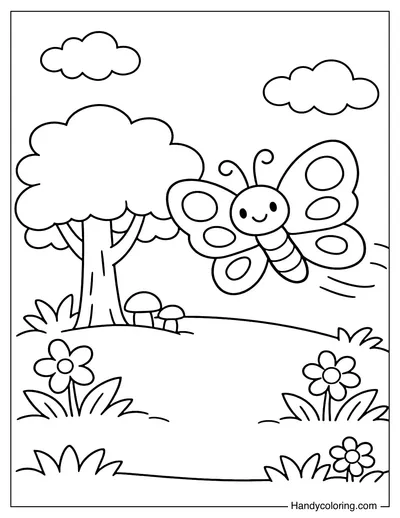 Butterfly Flying Near A Tree And Grass