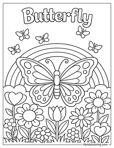 Butterfly in a Rainbow Flower Garden