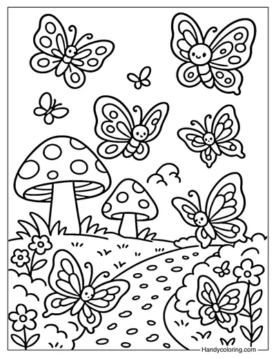 Butterfly Mushroom Garden Coloring Page
