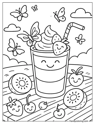 Butterfly Picnic and Tropical Smoothie Coloring Page