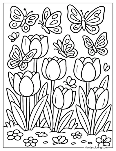 Butterfly Tulip Garden Coloring Page