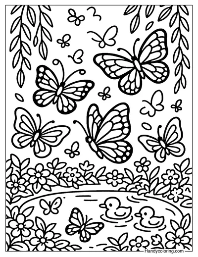 Butterfly Willow Pond Garden Coloring Page
