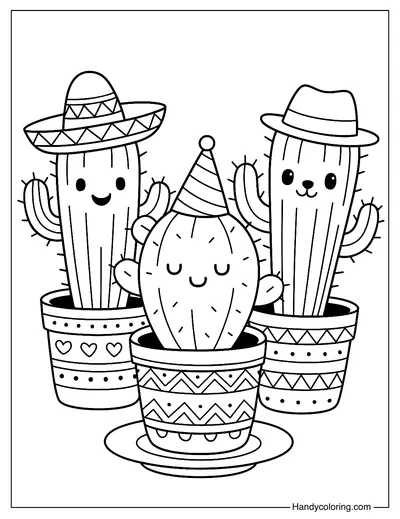 Cactus Family in Decorated Pots Coloring Page