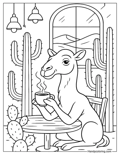 Camel Sitting In Desert Cafe Coloring Page
