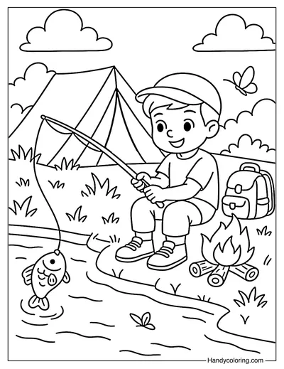 Camping and Fishing Coloring Page