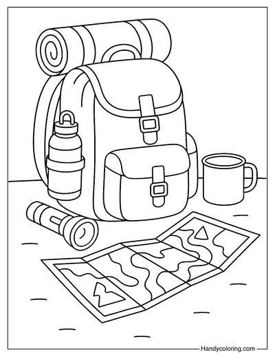 Camping Backpack and Map Coloring Page