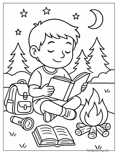 Camping Reading Coloring Page