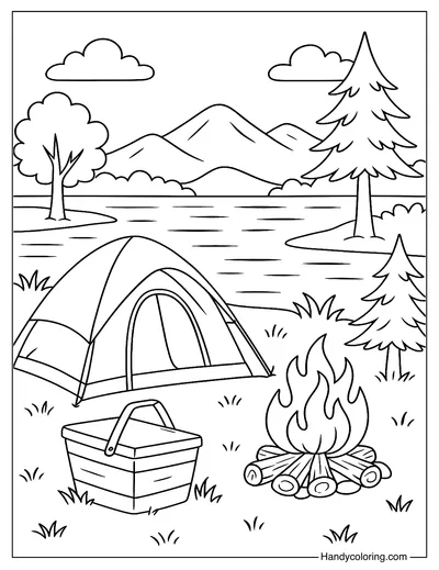 Camping Tent by the Lake Coloring Page