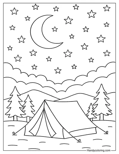 Camping Tent Under the Stars Coloring Page