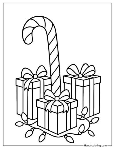 Candy Cane and Gift Boxes Coloring Page