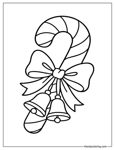 Candy Cane with Bells and Ribbon Coloring Page
