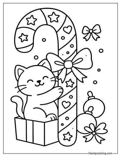 Candy Cane with Kitty Coloring Page