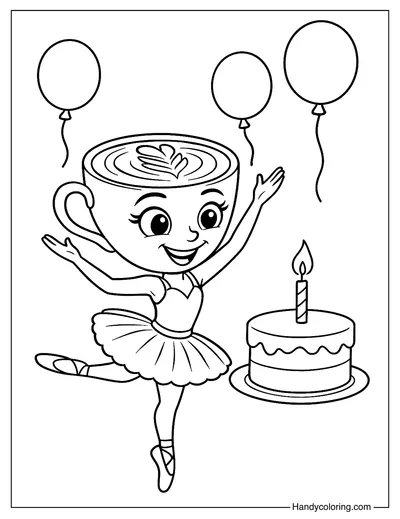 Cappuccina with Cake and Balloons Coloring Page
