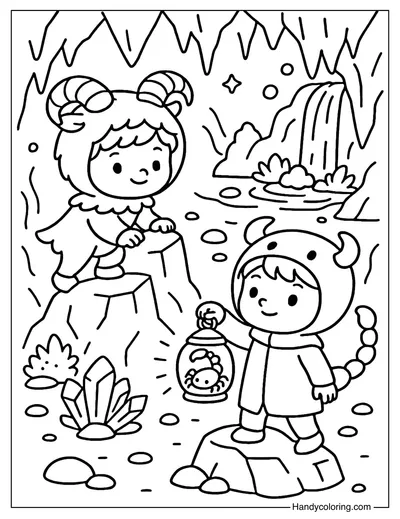 Capricorn and Scorpio Cave Mystery Coloring Page