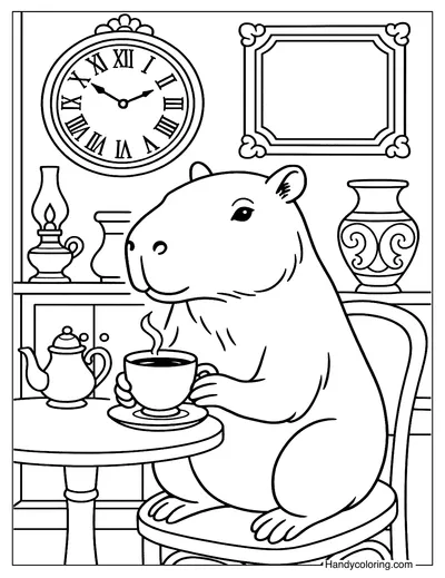 Capybara Sitting In a Vintage Cafe Coloring Page