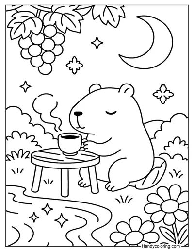 Capybara Tea Moonlight Coloring Page