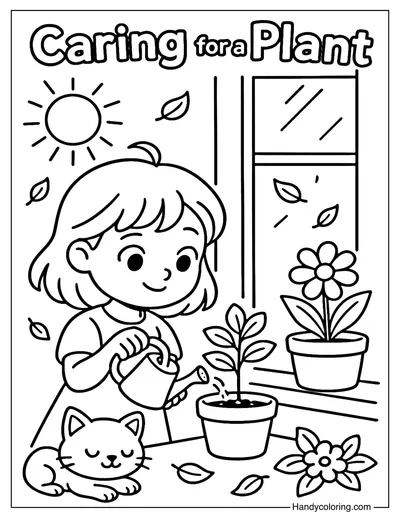 Caring for a Plant Coloring Page