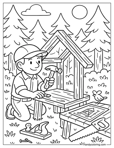Carpenter Assembling Wooden Shelter Coloring Page