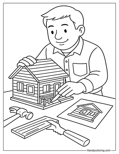 Carpenter Building a Wooden House Model Coloring Page