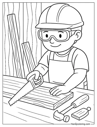 Carpenter with Saw and Safety Goggles Coloring Page