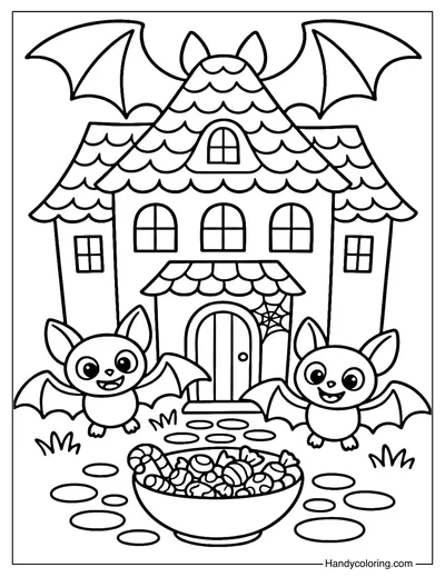 Cartoon Bat Haunted House Coloring Page
