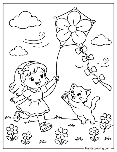 Cat and Girl Flying a Flower Kite