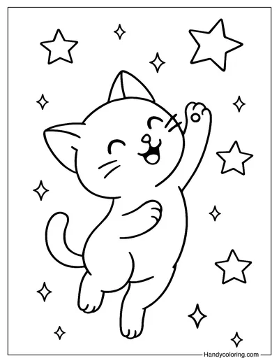 Cat Chasing Stars Coloring Page