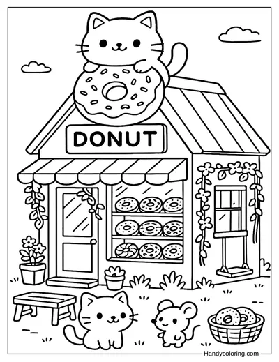 Cat Donut Bakery Coloring Page