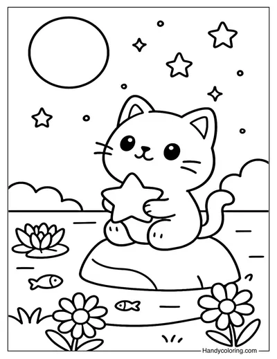 Cat Dream Lake Coloring Page