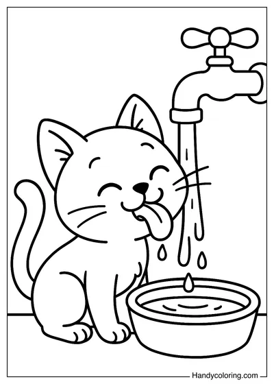 Cat Drinking Water Coloring Page