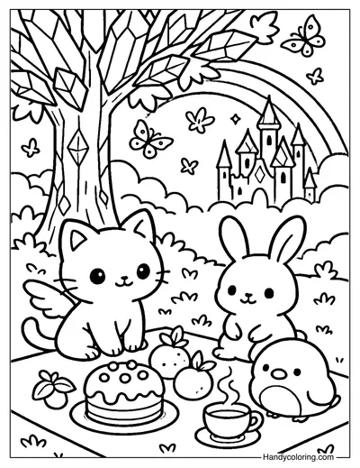 Cat Fairy Picnic Coloring Page