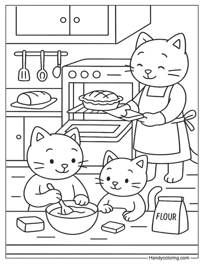 Cat Family Baking Together Coloring Page