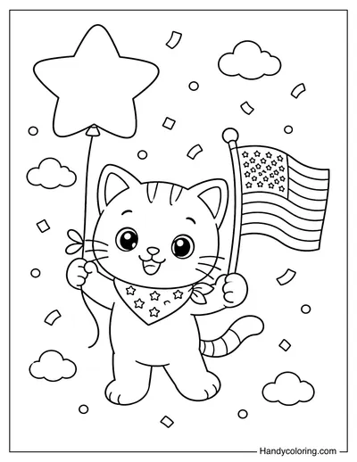 Cat Holding American Flag With Balloon