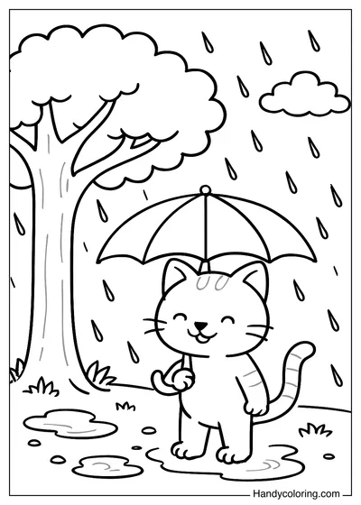 Cat Holding Umbrella in the Rain Coloring Page