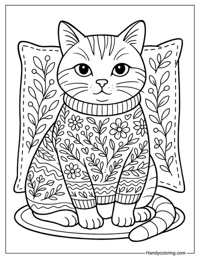 Cat in Floral Sweater Coloring Page