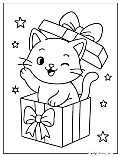 Cat in Gift Box Christmas Coloring Page