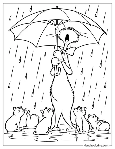 Cat in the Hat Holding an Umbrella with Cats in the Rain
