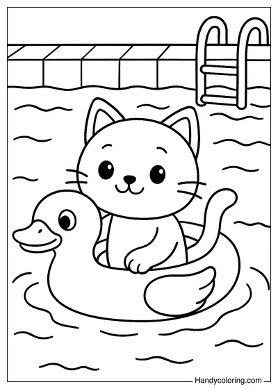Cat in the Pool Coloring Page